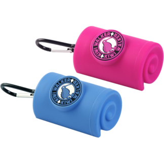 Two collapsible silicone dog bowls in pink and blue with attached metal carabiners.