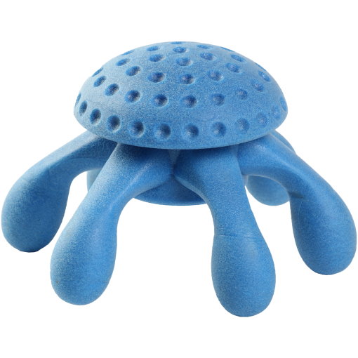 Blue octopus-shaped foam toy with rounded, bendable tentacles and a dotted dome top.