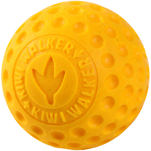 Yellow rubber ball with numerous dimples and a circular embossed logo in the center