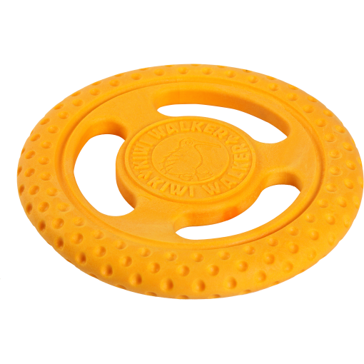 Yellow rubber donut-shaped dog toy with a textured outer ring and a central embossed logo.