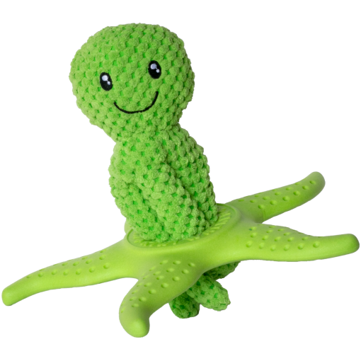 Bright green plush octopus with a smiling face sitting on a lime starfish-shaped base.