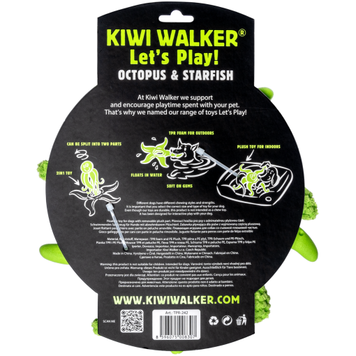 Kiwi Walker Octopus & Starfish dog toy packaging, a black round card with neon yellow text and bright green plush arms protruding for indoor and outdoor play.