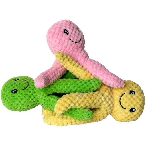 Three plush knitted snakes—pink, yellow, and green—with smiling faces piled together.