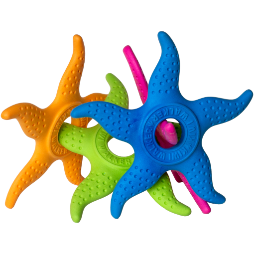 Colorful interlocking starfish-shaped silicone teething toys in orange, blue, green, and pink with textured bumps on each arm