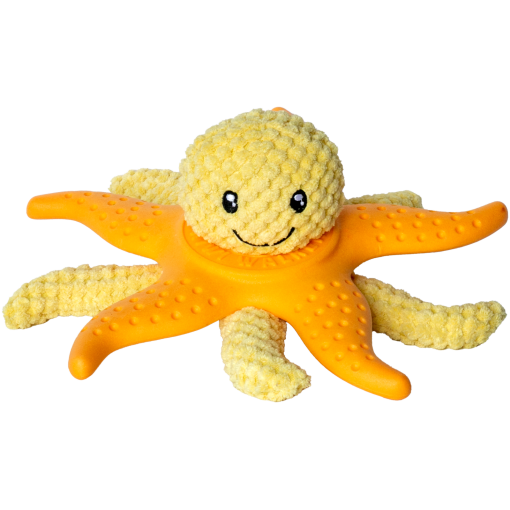 Soft yellow starfish plush toy with an orange body and smiling face, designed for children.