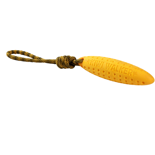 Yellow rubber dog chew toy with a braided rope loop, textured with holes and the 'KIWI WALKER' imprint.
