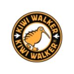 Circular Kiwi Walker logo: orange center with a white kiwi silhouette, black outer ring, and the text 'KIWI WALKER' around the edge.