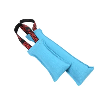 Two blue fabric chalk bags with black straps resting together, used by climbers to hold chalk.