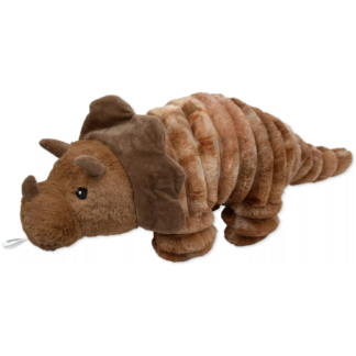 Brown plush triceratops dinosaur stuffed animal lying on its stomach with a soft, fuzzy texture.